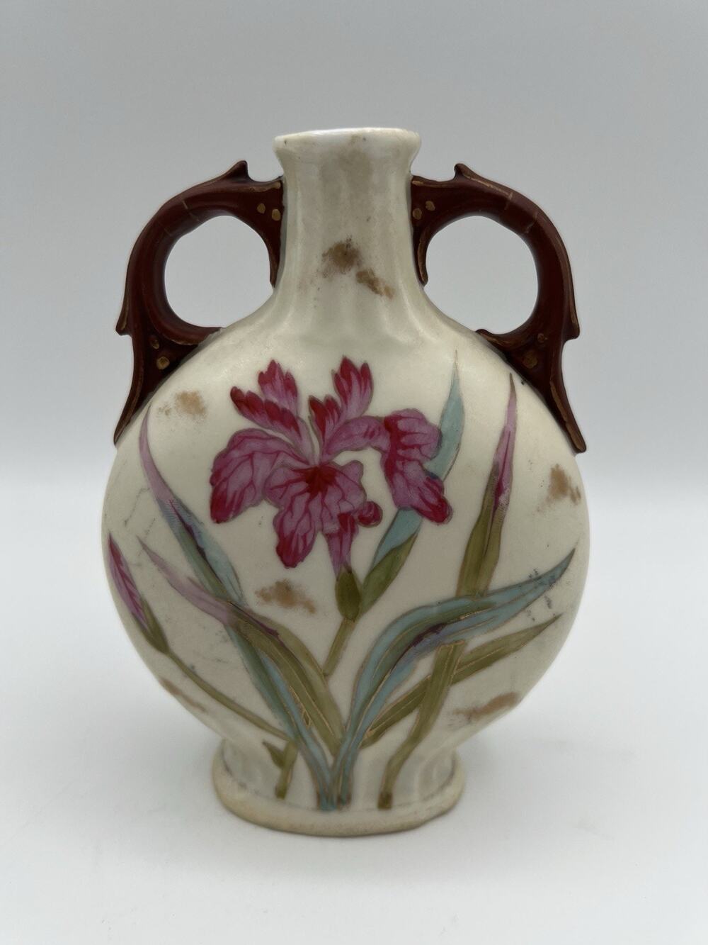 Antique Carlsbad Austria Porcelain Double Handle Floral Bud Vase 6” Hand Painted